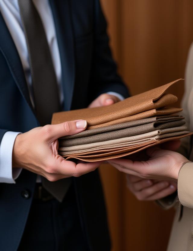 Consulente di stile che mostra campioni di tessuti a un cliente