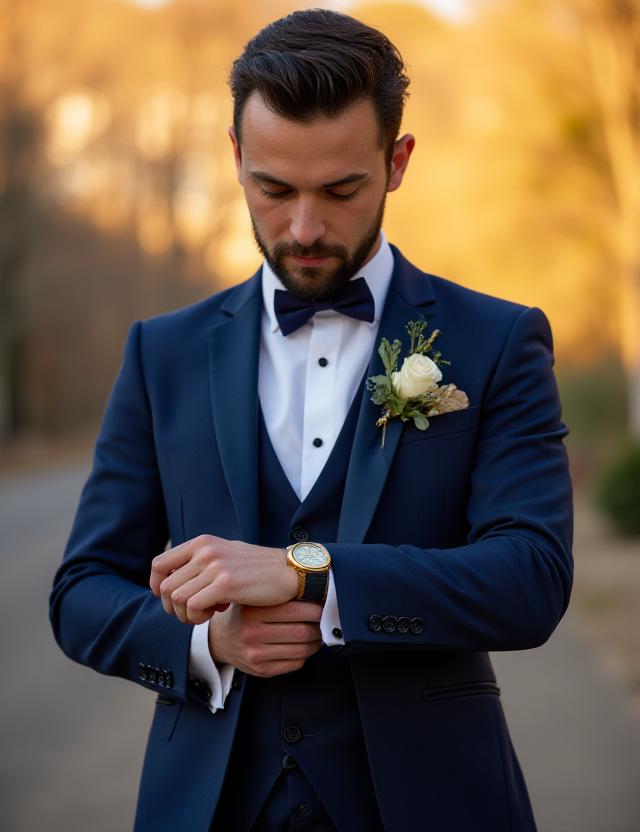 Uno sposo elegante in un abito sartoriali durante una cerimonia a Roma