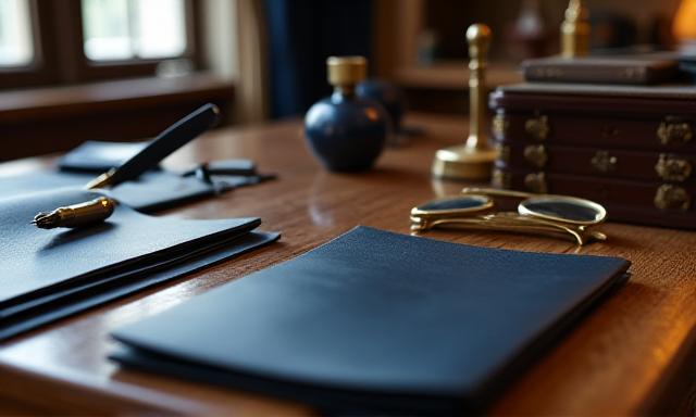 Un sarto che ripone con cura dei documenti in una scrivania di legno classica